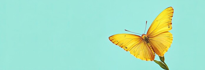 Obraz premium A macro artistic banner showcasing small, bright yellow summer flowers and a bee, with a background of blue and green foliage in a fairy garden