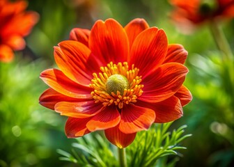 Vibrant Red Orange Adonis Aestivalis Summer Wildflower Close-Up