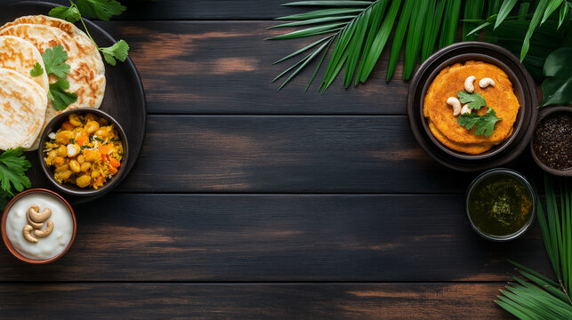 A rustic wooden background enhances the vibrant colors of a South Indian breakfast spread, including uttapam topped with fresh vegetables, golden crispy vadas, idlis coated with sp