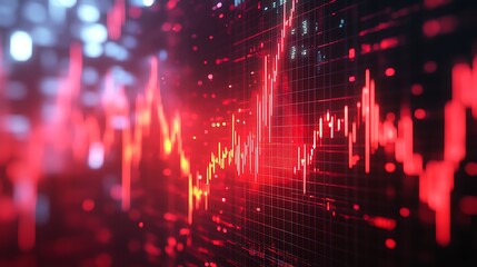 Abstract Financial Data Visualization with Red Lines, Abstract digital representation of financial data with glowing red lines and dots on a dark background