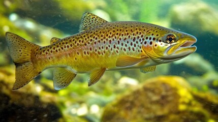 Detailed portrait of a beautiful brown trout swimming gracefully in the clear water