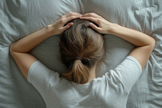 Disturbed man covering her ears with fingers to block out the loud snoring of wife sleeping nearby, depicting sleep disruption, top view, Generative AI