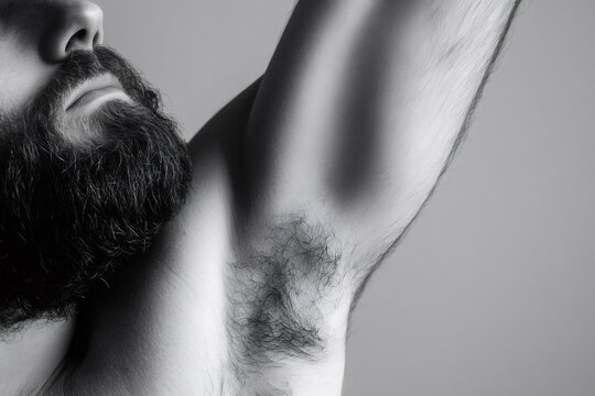 Close up black and white image featuring a man displaying armpit hair and a beard, emphasizing natural masculinity and body detail