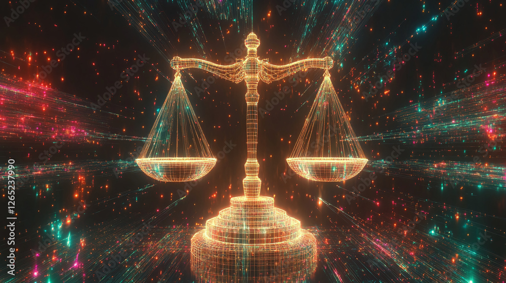 Poster a high-quality digital 3d artwork of a glowing balance scale surrounded by bright abstract data stre