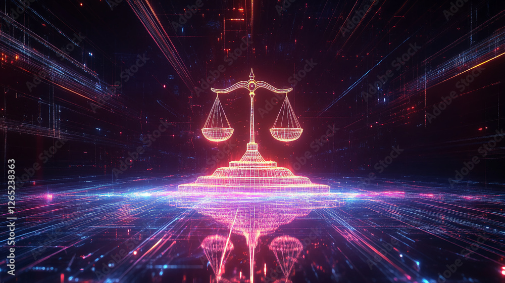 Poster A high-quality digital artwork of a glowing balance scale surrounded by abstract data streams in neon colors, symbolizing justice, fairness, and the digital age.