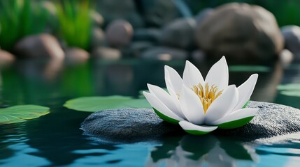 White Water Lily on Dark Rock in Serene Pond Setting