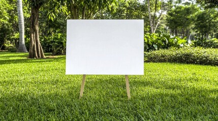 Blank White Sign in a Lush Green Park Setting
