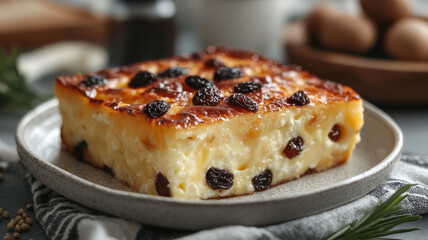 Cottage cheese casserole with raisins on a plate.