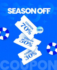 Falling summer season coupons in white color with coupon code, percent price off, isolated on blue background. Flash sale discount voucher poster for summer with lifebuoy. 3d flash sale coupon vector
