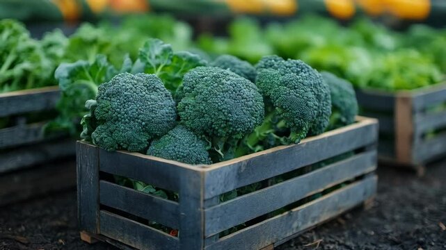 Freshly harvested broccoli and greens in wooden crates at a local farm market during the autumn season