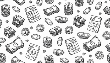Hand drawn seamless pattern of business and finance elements, money, calculator, coin. Doodle sketch style. Business element drawn by digital pen. perfect any project for wallpaper, background