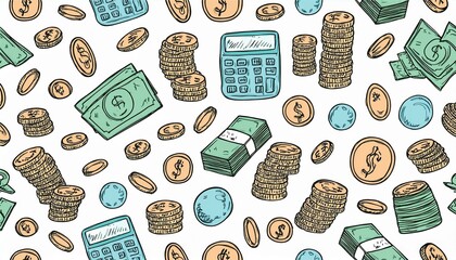 Hand drawn seamless pattern of business and finance elements, money, calculator, coin. Doodle sketch style. Business element drawn by digital pen. perfect any project for wallpaper, background