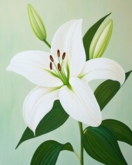 A stunning white lily with elegant petals and lush green leaves, symbolizing purity and beauty in nature.
