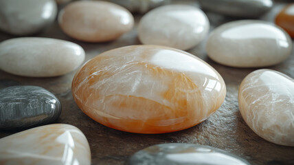 Polished stones arranged closely on a textured surface.