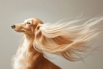 Long haired dachshund with silky blond fur gracefully flowing in the wind against a neutral background, capturing a serene and elegant pose