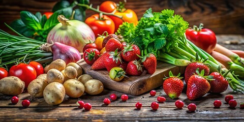 Vibrant Tilt-Shift Photo: Fresh Produce on Rustic Wood – Potatoes, Ginger, Strawberries, & More