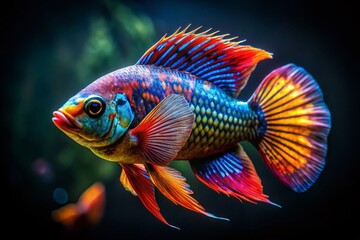 Fototapeta premium Vibrant Tropical Fish: Colorful Scales & Flowing Fins in Dark Ocean