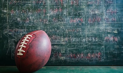 Rugby Ball on Chalkboard with Football Game Scheme, Players, and Field Strategy, Sports Tactics Planning Concept, Generative AI