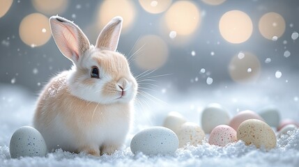 Easter bunny and Easter eggs photo print holiday Easter. Easter card with a hare. Cute rabbit with colored eggs.