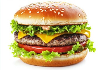 Cheeseburger on white background with lettuce and tomato. AI generated