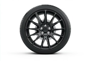 Obraz premium Glossy black car wheel on white background. AI generated