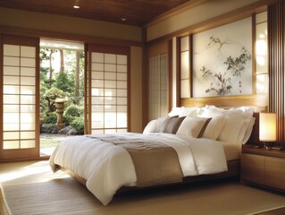 Peaceful bedroom features traditional japanese design and garden view