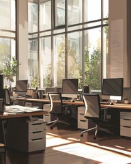 Fototapeta premium A large modern office with desks and computers, sunlight streaming through the windows, a bright and airy atmosphere, no people present, a realistic illustration style. 
