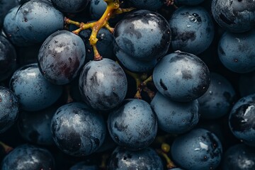 Close-up of fresh dark grapes with water droplets. AI generated