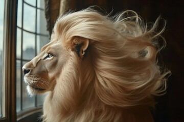 Naklejka premium Regal lion with a magnificent, flowing mane gazes out a window, conveying a sense of power and contemplation