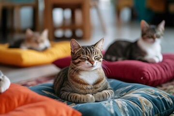 Serene tabby cats enjoying a mindfulness session, resting peacefully on colorful cushions with closed eyes