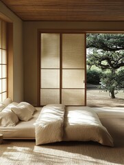 Serene bedroom scene with a garden view through sliding doors