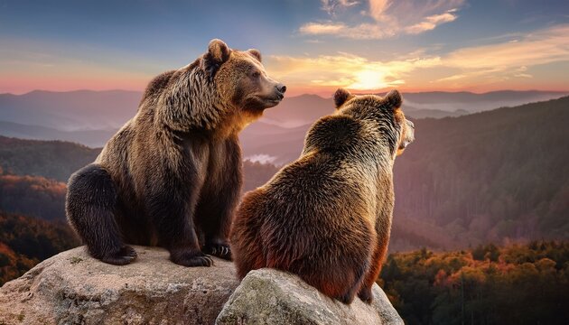 dos osos macho y hembra sobre una roca mirando el bosque