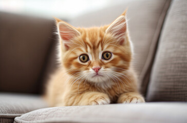 Fluffy ginger kitten looks attentively at the camera, lying in a soft chair 