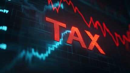 Fototapeta premium The image displays a digital screen showing the word tax in red illuminated letters overlaid on a graph depicting a downward trend, indicating a possible decline in tax revenue.