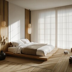 Bright serene bedroom features a low platform bed and curtains
