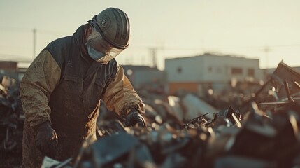 Scrap yard worker sorting metal sunset