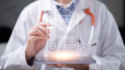 Professional doctor holding checklist clipboard document health care medicals medicine report concept