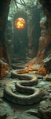 Naklejka premium Giant serpent coils near glowing orb in ancient ruins.