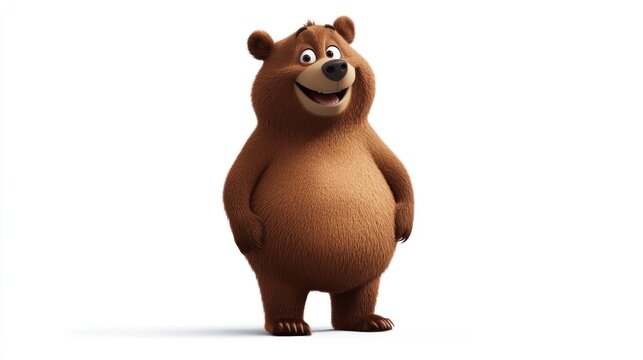 Cartoon brown bear, friendly expression, against white background, for children's book illustration or animated film