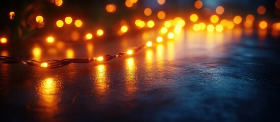Obraz premium Warm string lights on dark textured surface.