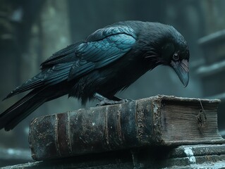 Fototapeta premium Mysterious black crow perched antique book