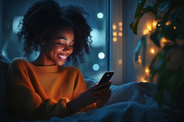 Happy lady using cellphone chatting in social media app late at night, lying in bed and smiling at phone screen, Generative AI