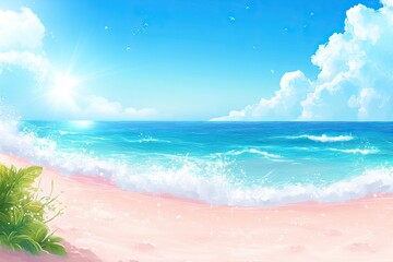 A summer-themed background with a pink sandy beach and soothing blue ocean waves