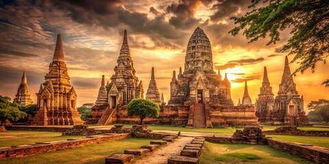 Fototapeta premium Vintage Ayutthaya: Wat Chaiwatthanaram Temple Ruins, Thailand - Historic Asian Architecture