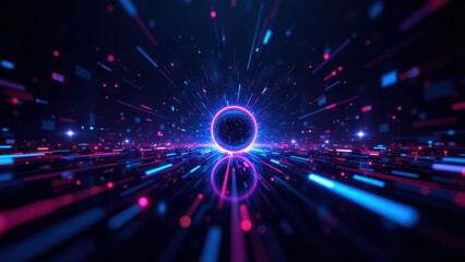 Obraz premium Abstract digital space with neon lights and futuristic elements symbolizing ci/cd processes in devops.