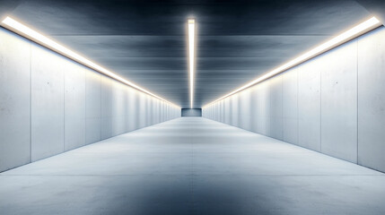 Obraz premium Modern minimalist corridor with bright lighting and concrete walls in an underground setting. Generative AI