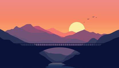 flat vector nature scenery with bridge silhouette and simple sunset © Faizin