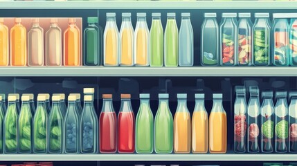 Fototapeta premium Grocery store shelf, bottled drinks, healthy choices, supermarket background