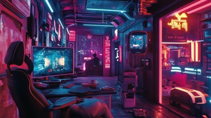 Cyberpunk gamer room, neon lights, city view,  person gaming