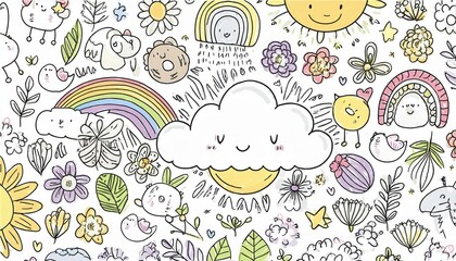 Cute doodle with cloud, rainbow, sun, animal element. Hand drawn line children style. Doodle background perfect any project.
